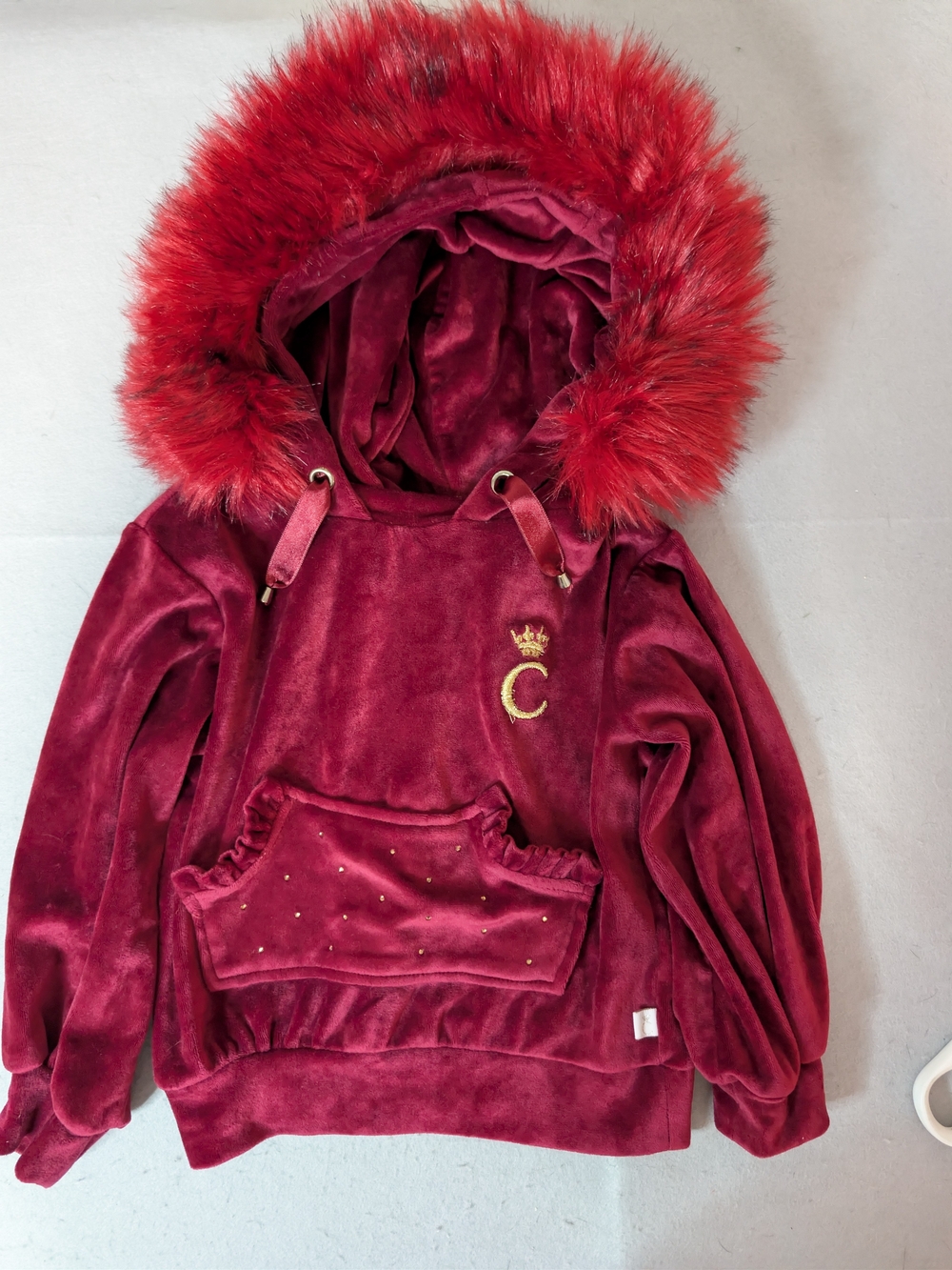 Caramelo Kids Red Velour Faux Fur Hooded Sweater Hoodie Size 3-4Y Crown